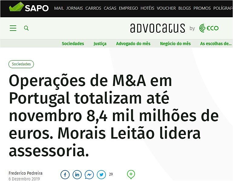 Operaes de M&A em Portugal totalizam at novembro 8,4 mil milhes de euros. Morais Leito lidera assessoria.